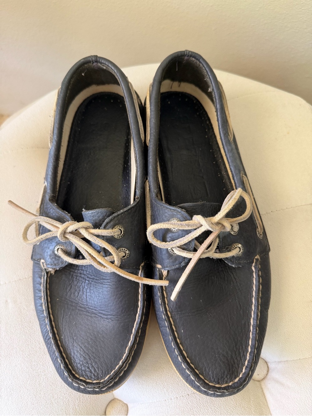 Sperry Top-Sider Navy Blue  Leather Boat Shoes with White Laces